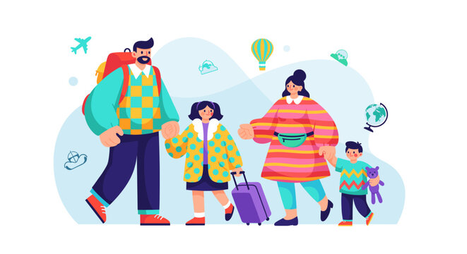 A happy family with parents and two children is eagerly preparing for an exciting global vacation journey, carrying their luggage and backpacks.