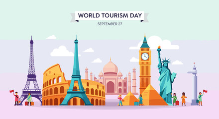 A vibrant illustration for World Tourism Day, featuring iconic global landmarks and diverse people celebrating international travel.