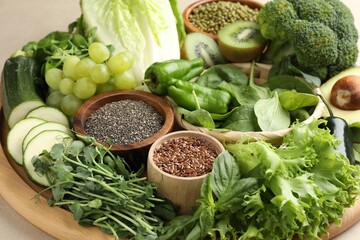 Superfood. Different healthy products on beige background, closeup