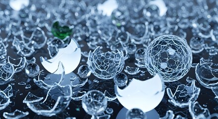 A macro photograph of countless shattered clear glass spheres and delicate fragments scattered on a dark, reflective surface.