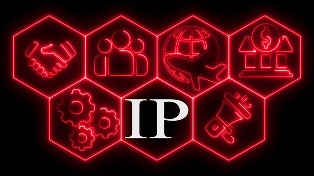 Illuminated red ip intellectual property icons representing key business concepts