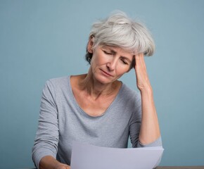 A middle-aged woman, her head in her hand, appears distressed while reviewing documents. The muted tones and attentive posture suggest a serious situation.