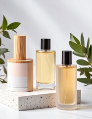 Elegant perfume bottles on minimalist platforms.

