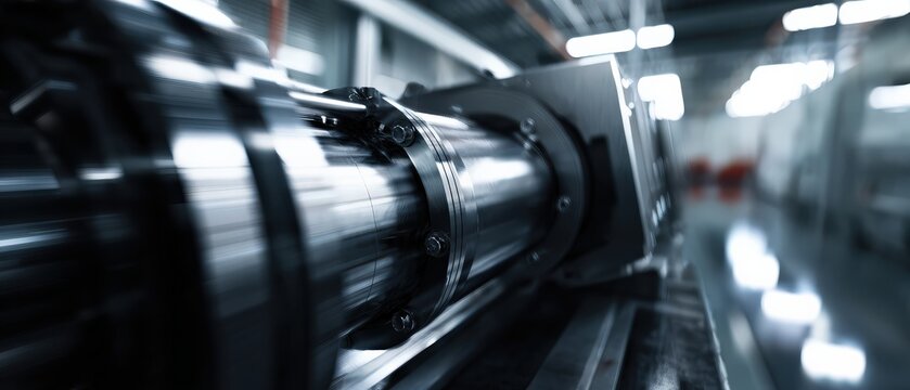 Closeup of industrial metal shaft in motion blur at factory, showcasing precision engineering and manufacturing process with dynamic movement and blurred background