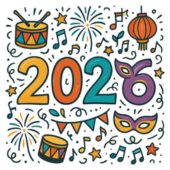 2026 Typography Illustration with Drums and Lanterns in Playful Hand Drawn Doodle Style