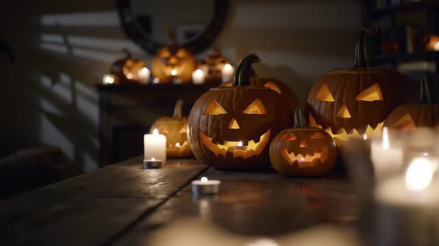 Cozy Halloween evening featuring an array of glowing jack-o'-lanterns and flickering candles, setting a festive and slightly spooky mood for autumn celebrations