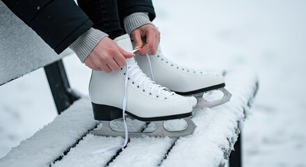 Closeup of white ice skates being tied on a snowcovered bench