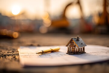 Wooden house model with golden elements on architectural drawing
