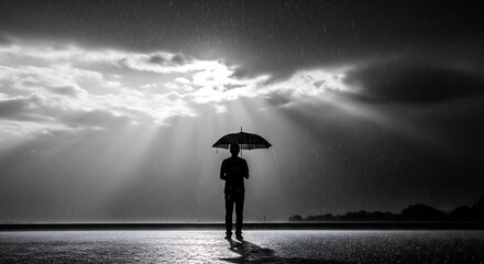 Lonely Person with Umbrella Facing a Stormy Sea