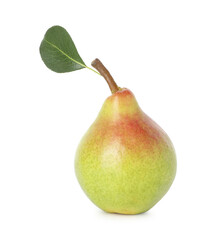 Whole ripe pear with leaf isolated on white