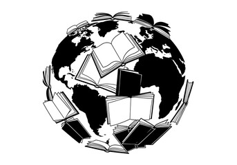 A black and white illustration of the Earth surrounded by open and closed books, symbolizing global knowledge, education, and universal literature