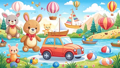 Obraz premium Cute toys, a car, and a boat in a scenic landscape