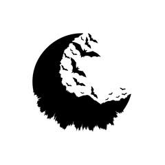 Spooky night scene with bats flying over a dark, textured landscape silhouette