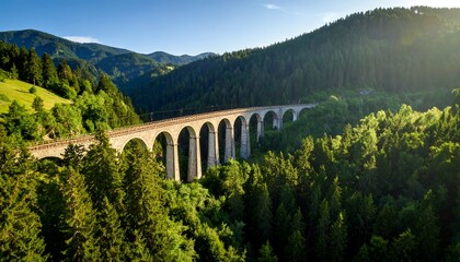 Long stone viaduct crossing a lush green valley, bathed in sunlight