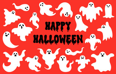 White Ghosts with Black Happy Halloween Text on Red Background