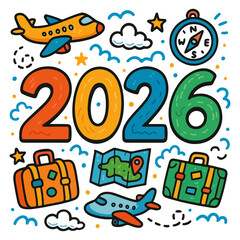 2026 Typography Illustration with Airplanes and Suitcases in Playful Hand Drawn Doodle Style