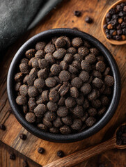 A Black Bowl Filled with Dog Food Pellets on A Wooden Surface