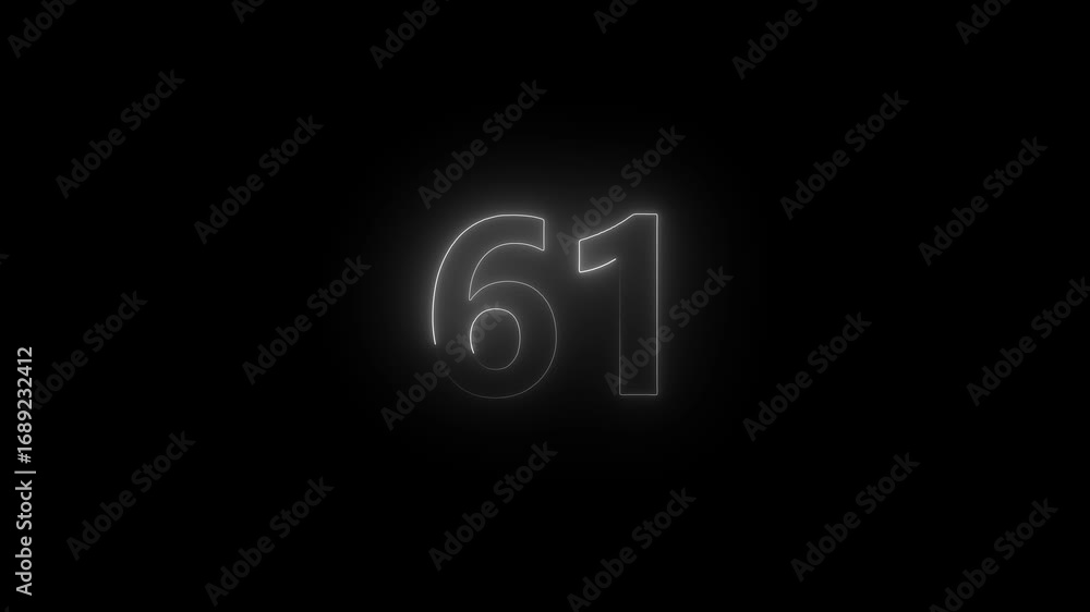 Poster white neon number 61 with soft glow on a black background sixty one numeral