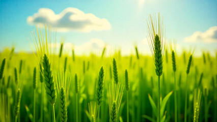 Vibrant Green Wheat Field Under A Bright Blue Sky With Fluffy White Clouds, Capturing Nature's Bounty And Growth