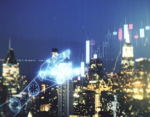 Futuristic robot hand interacting with financial data over a city skyline at night