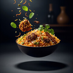 Cinematic Style Bowl of Mutton Dum Biryani Floating in Mid Air with Ingredients Flying around in a Dark Background