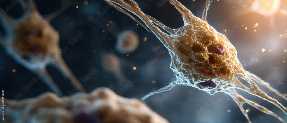 Poster detailed microscopic view of neuron cell with dendrites and nucleus concept of neuroscience, brain f