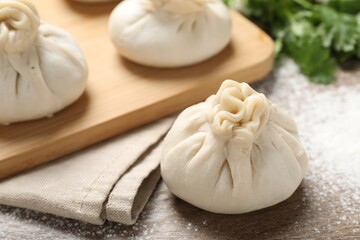 Uncooked khinkalis (dumplings) and cilantro on wooden table, closeup