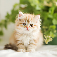 Obraz premium Small kitten with amber eyes posing on cushion in garden light