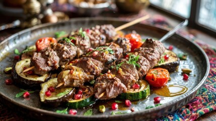 Moroccan lamb kebabs with roasted vegetables and pomegranate arils on traditional tagine dish in natural lighting