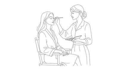 Artistic sketch captures a makeup artist applying cosmetics to a seated client with a brush