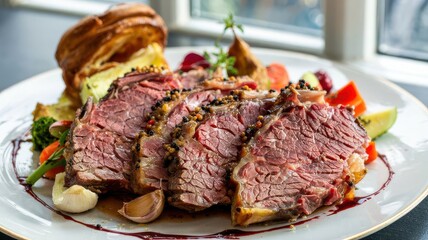 Slow roasted prime rib slices with herb crust and peppercorn sauce on white plate with Yorkshire pudding and seasonal vegetables