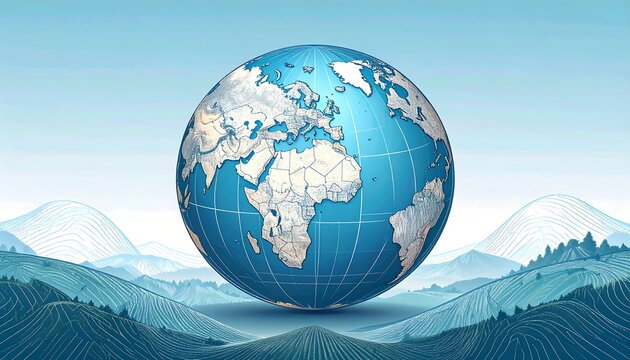 Earth globe, landscape backdrop