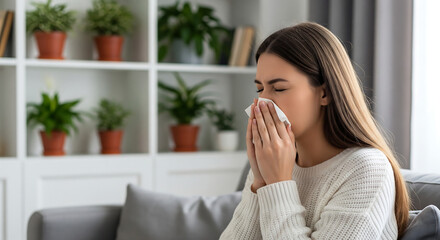 Portrait of a Sick Woman Blowing Her Nose in a Cozy Room