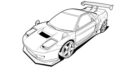 Vector coloring page illustration of a high-speed car. Black contour line art, isolated on a white background. Clean stroke outline without fill, perfect for books, drawing activities