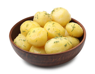 Tasty young boiled potatoes with dill and oil in bowl isolated on white