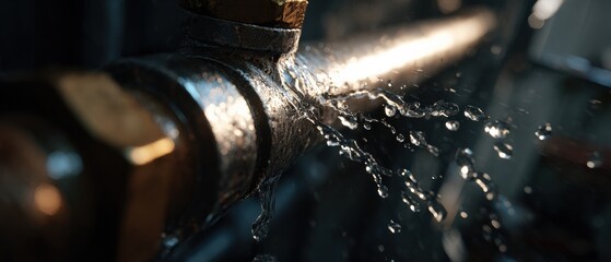 Closeup of a leaking metal pipe with water spraying, showcasing plumbing failure and the urgent need for repair and maintenance Concept of home repair, water damage, and plumbing issues