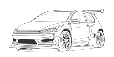 Adult coloring page vector illustration of a high-speed car in a front view. Black contour line art, isolated on a white background, perfect for books, drawing activities, and graphic design projects.