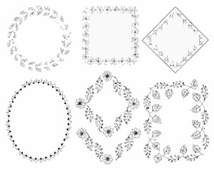 Collection of hand drawn floral and leafy decorative borders and frames