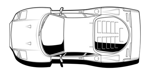 Dynamic black and white vector illustration of a sports car, embodying speed, power, and adrenaline. Perfect for automotive themes and racing enthusiasts. Capture the essence of speed in your design.