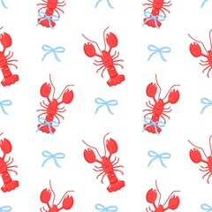 Pink Lobster Seamless Pattern with Bows and Ribbons – Romantic Coastal Digital Background for Valentine, Beachcore, or Nautical Themes