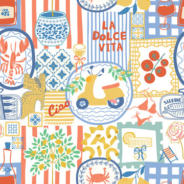 Mediterranean summer collage seamless pattern. Cute Italian vacation mosaic wallpaper, dolce vita print. Coastal food, lobster, sardine, lemon, ceramic tile. Vector patchwork background textile design