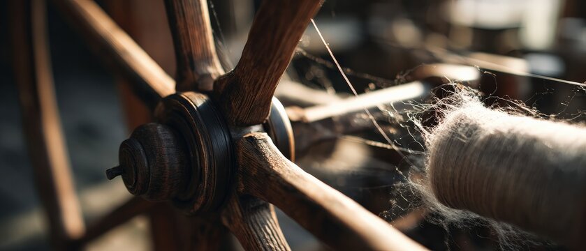Antique wooden spinning wheel with wool, showcasing traditional textile craft and vintage weaving equipment in a rustic setting Concept of heritage, craftsmanship, and history