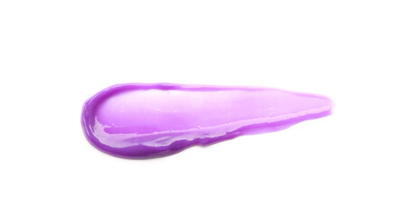 Sample of purple shampoo for blonde hair isolated on white, top view