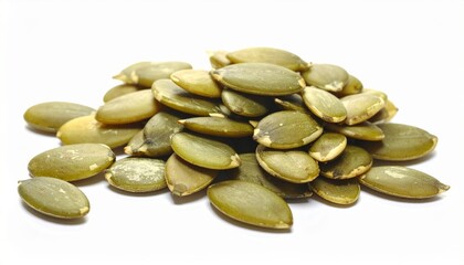 Fresh pumpkin seeds with smooth oval shape crunchy organic healthy snack food isolated on white background
