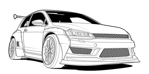 Dynamic black and white vector illustration of a sports car, embodying speed, power, and adrenaline. Perfect for automotive themes and racing enthusiasts. Capture the essence of speed in your design.