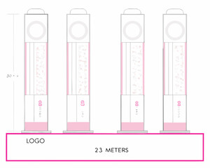 Architectural concept design of four tall illuminated pillars with pink accents