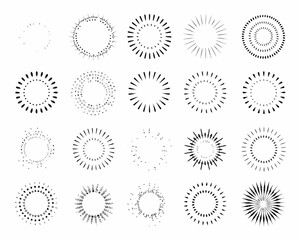 Collection of diverse hand drawn sunburst and starburst graphic elements