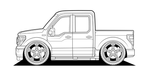 Truck vehicle.  Cartoon coloring page for book and drawing. Funny vector illustration. Graphic element. Car wheel. Black contour sketch illustrate Isolated on white background.