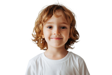 Portrait of a smiling cute little boy with curly hair on white background