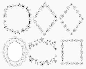 Collection of hand drawn floral and leafy decorative borders and frames